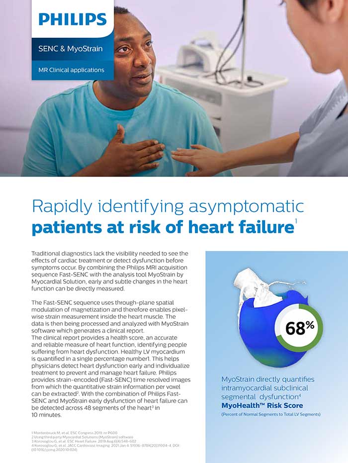 Cover of data sheet featuring Philips SENC and MyoStrain MR clinical applications (Download .pdf)